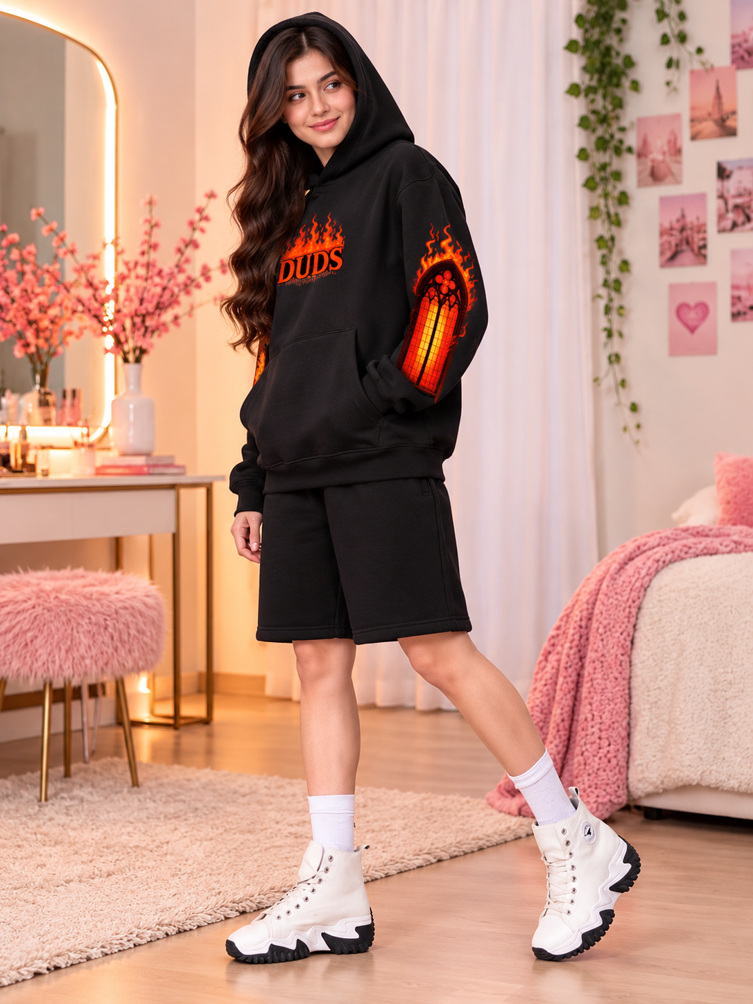 WOMEN FIRE NEVER KILLS THE LIGHT FLEECE CO-ORD BLACK