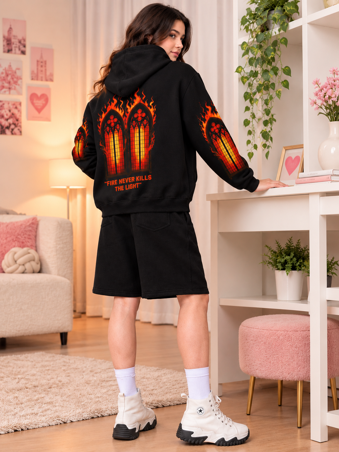 WOMEN FIRE NEVER KILLS THE LIGHT FLEECE CO-ORD BLACK