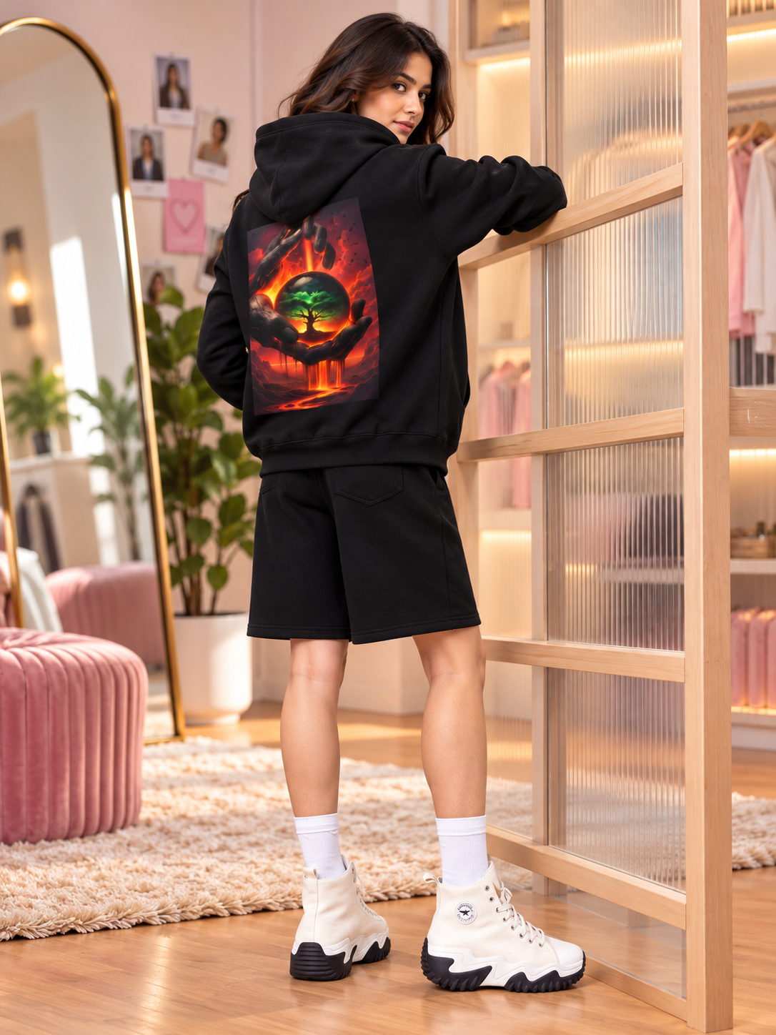 WOMEN LIFE IN THE CRUCIBLE PRINTED FLEECE CO-ORD BLACK styled with white boots for a cozy, trendy casual look