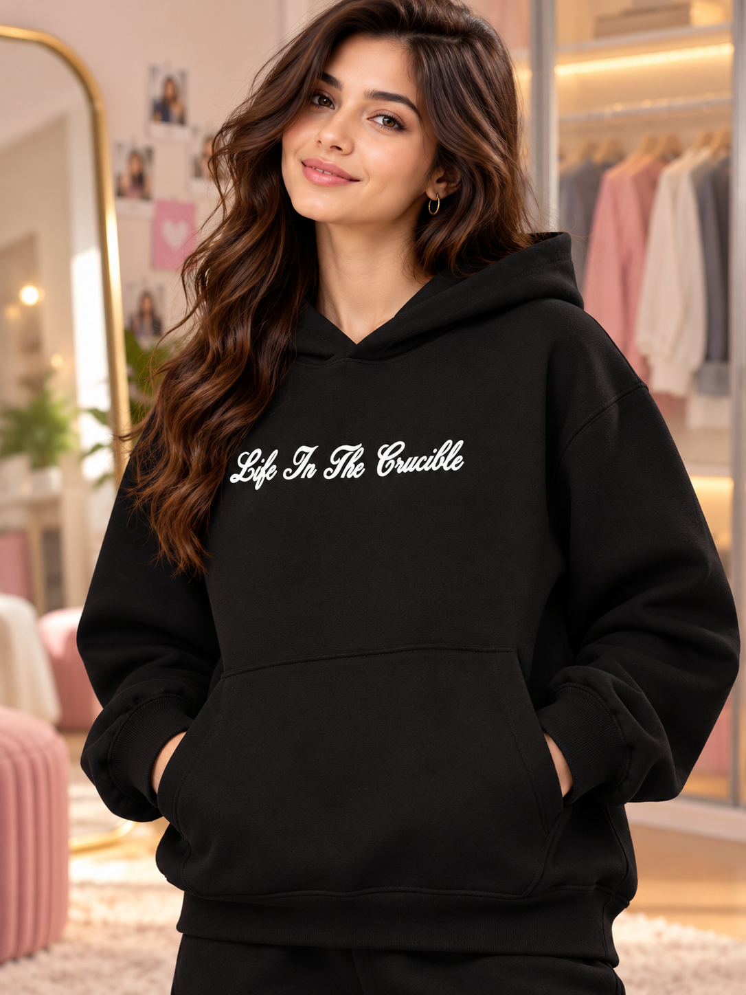 WOMEN LIFE IN THE CRUCIBLE PRINTED FLEECE CO-ORD BLACK hoodie worn by model, cozy stylish casual wear for everyday comfort