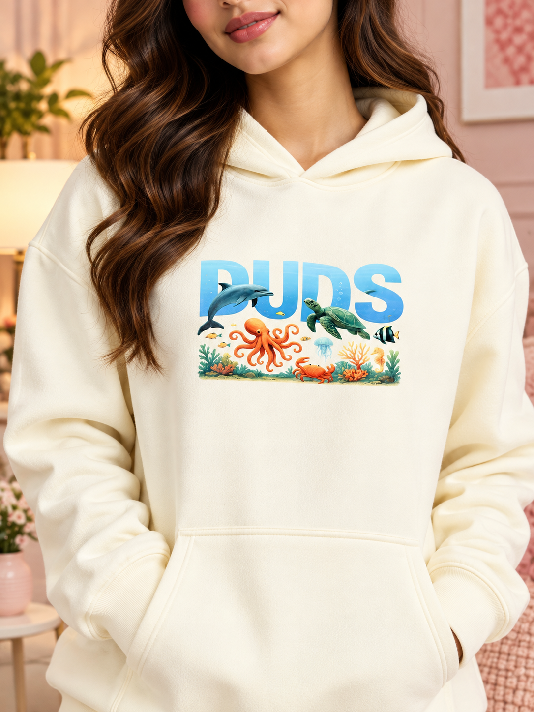WOMEN OCEAN BUDDIES OVERSIZED FLEECE HOODIE OFF-WHITE