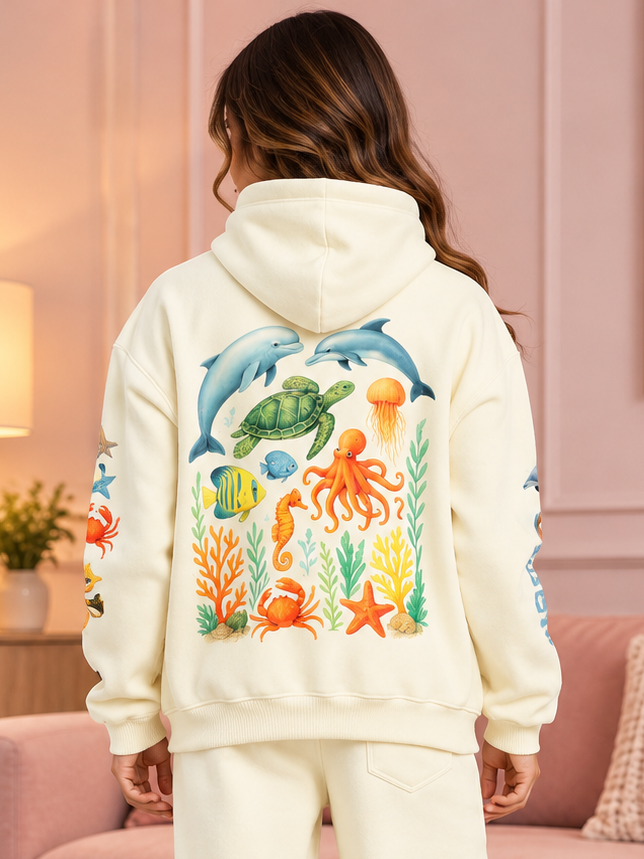 WOMEN OCEAN BUDDIES OVERSIZED FLEECE HOODIE OFF-WHITE