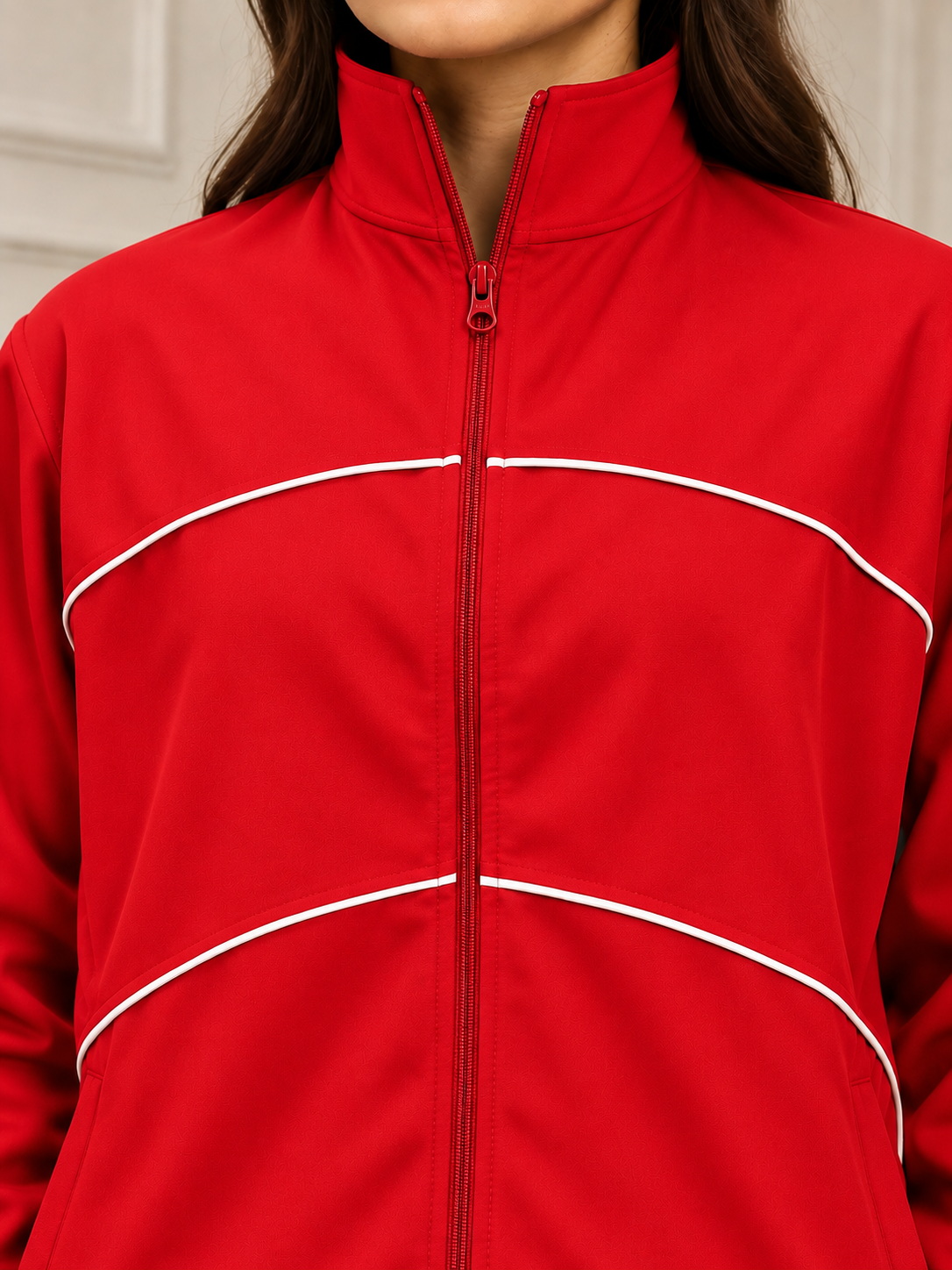 Close-up of a woman wearing WOMEN RAIDER CO-ORD SET FULL ZIPPER RED with stylish white piping.