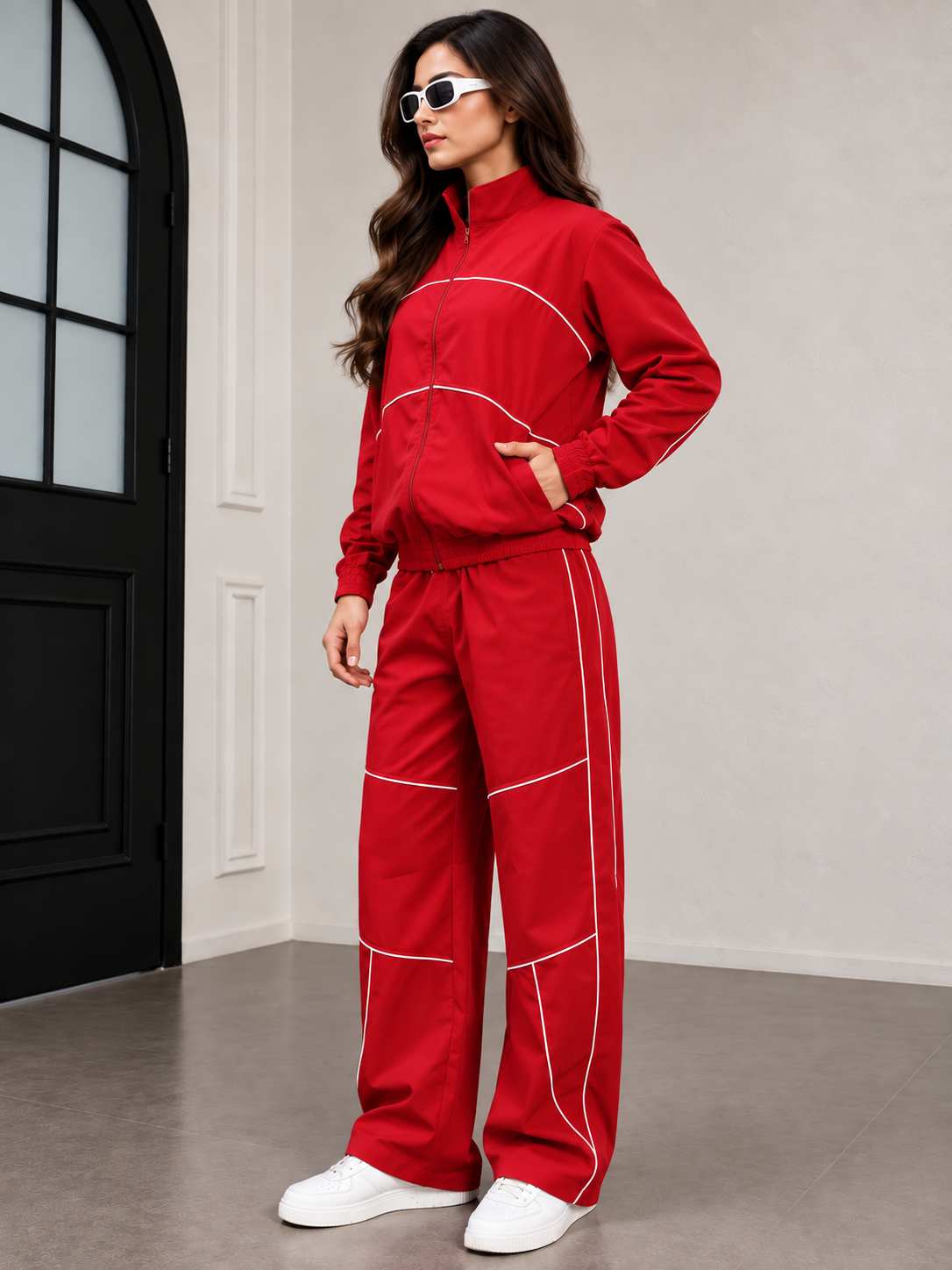 WOMEN RAIDER CO-ORD SET FULL ZIPPER RED worn by model, showcasing sporty elegance in vibrant red.