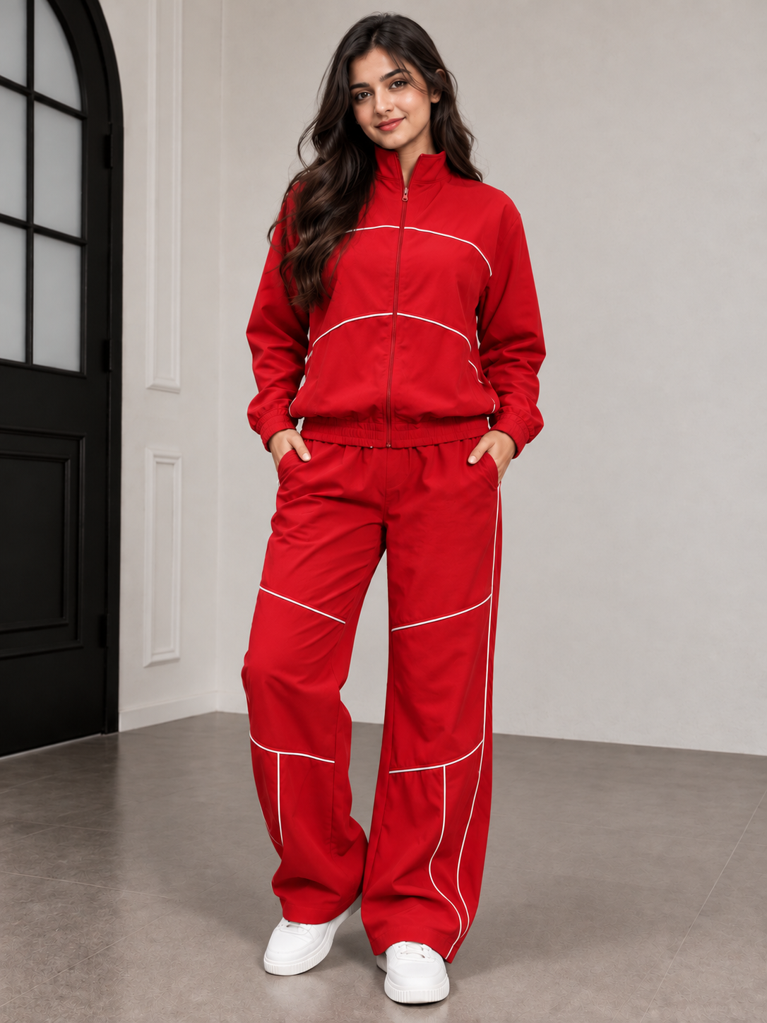 WOMEN RAIDER CO-ORD SET FULL ZIPPER RED featuring a stylish red outfit with zipper and comfortable fit.