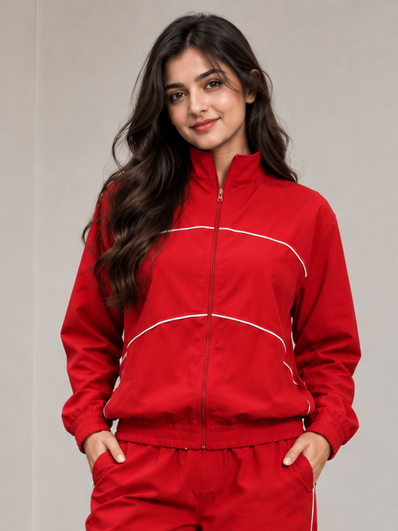 Model wearing WOMEN RAIDER JACKET FULL ZIPPER RED with zipper and stylish design.