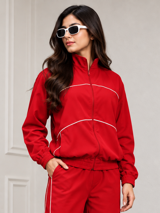WOMEN RAIDER JACKET FULL ZIPPER RED worn by a woman with sunglasses, featuring a stylish design and vibrant color.