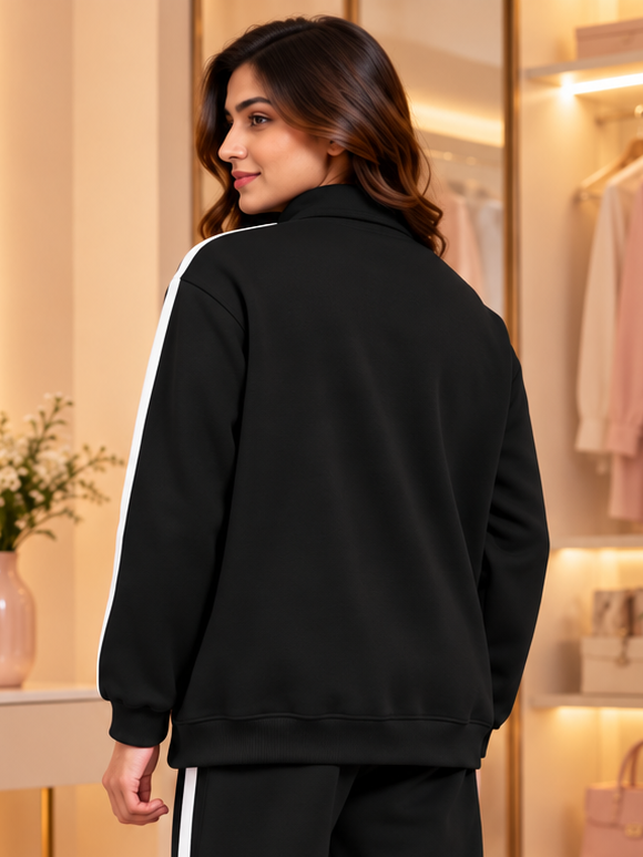 WOMEN RAPID STRIDE COTTON FLEECE JACKET BLACK with side stripe design, back view, stylish and comfortable fit