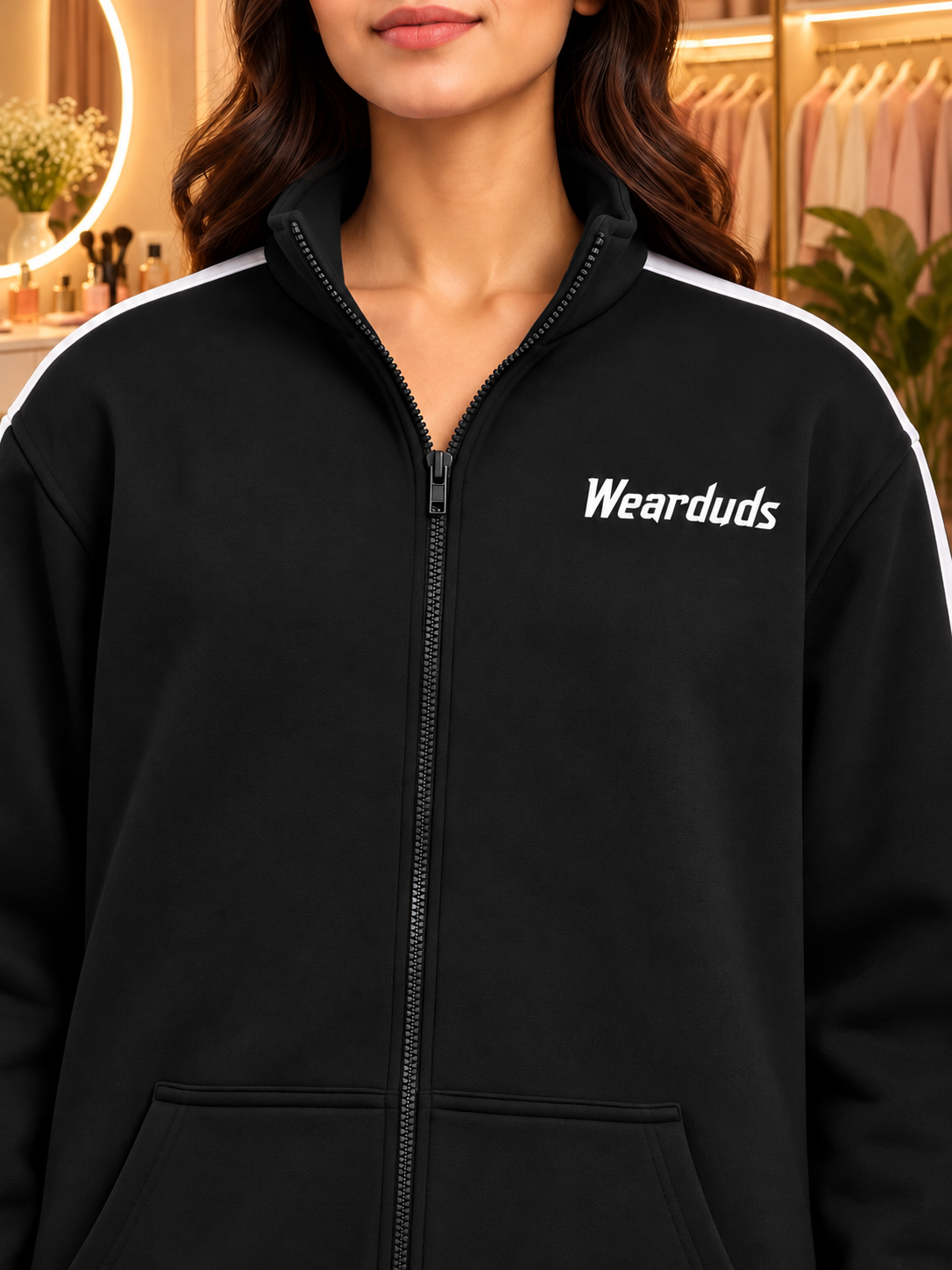 WOMEN RAPID STRIDE COTTON FLEECE JACKET BLACK with zip-up front and side stripe detail, stylish casual wear