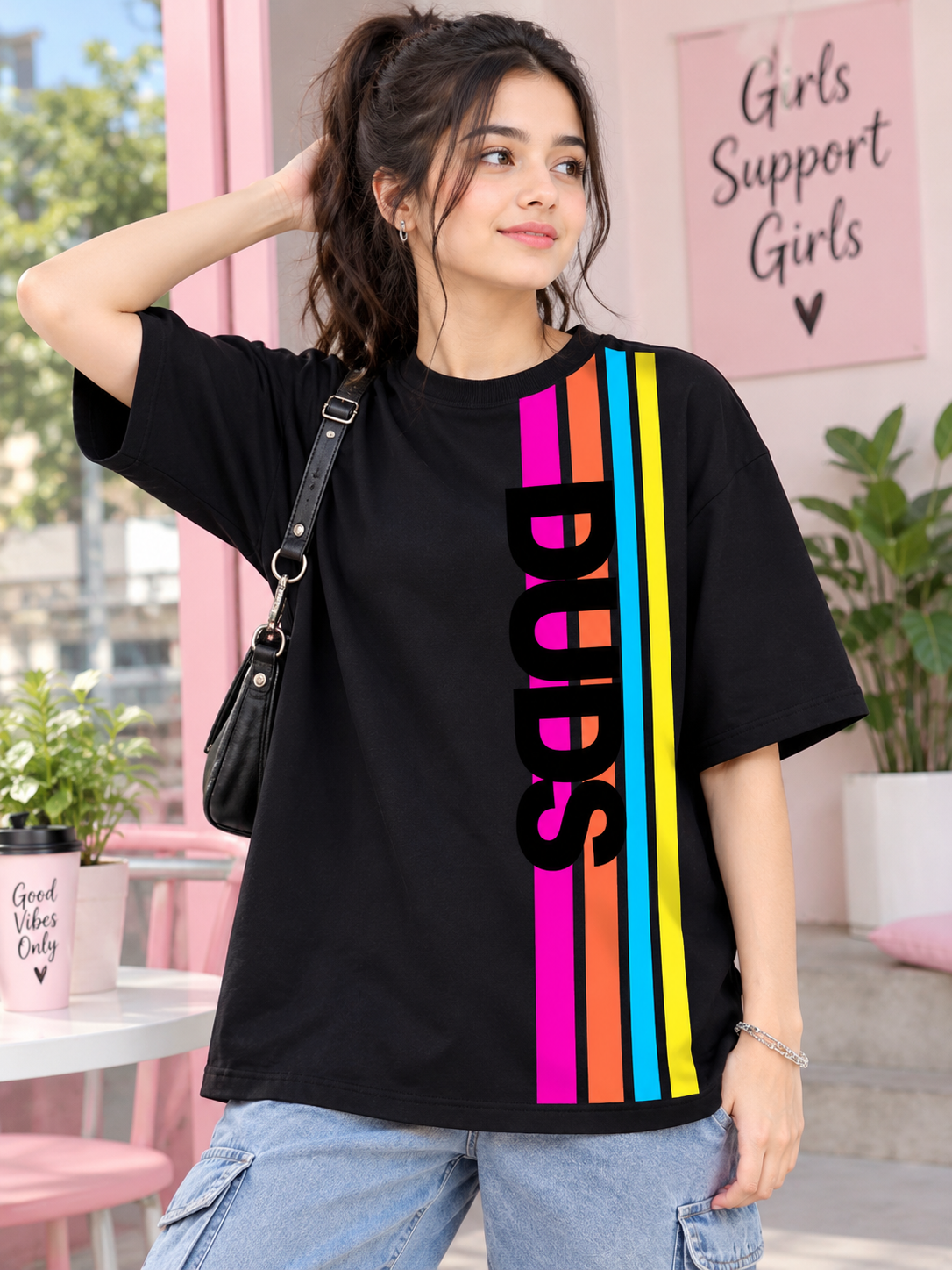 WOMEN RETRO STRIPES OVERSIZED T-SHIRT BLACK
