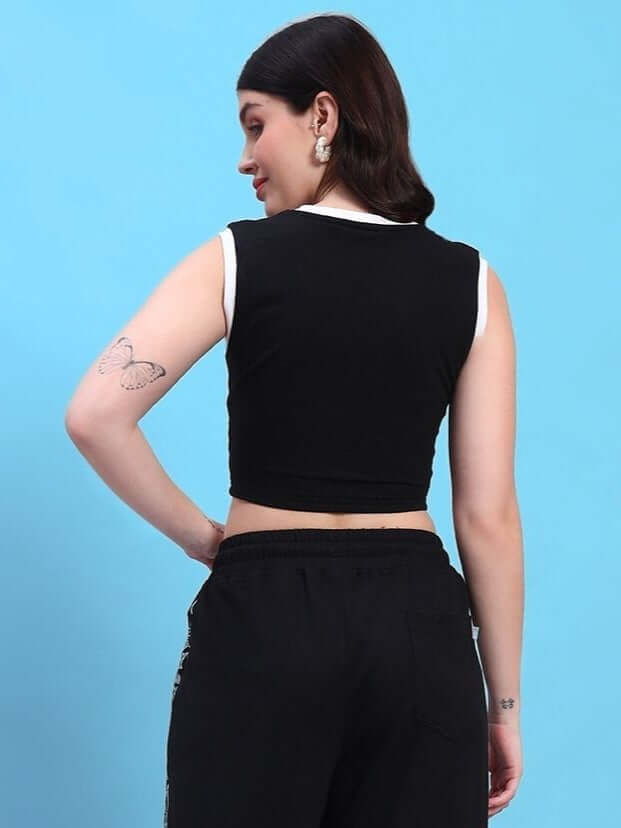 Back view of women's black SQUARO designer crop-top in premium cotton French Terry Lycra, showcasing modern fashion style.
