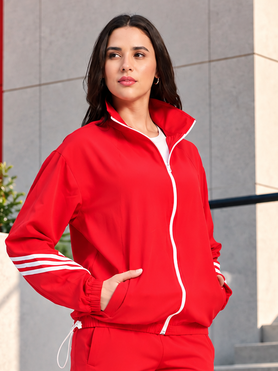 WOMEN STREETWEAR THREE STRIPE JACKET FULL ZIPPER RED worn by model outdoors, stylish casual fit