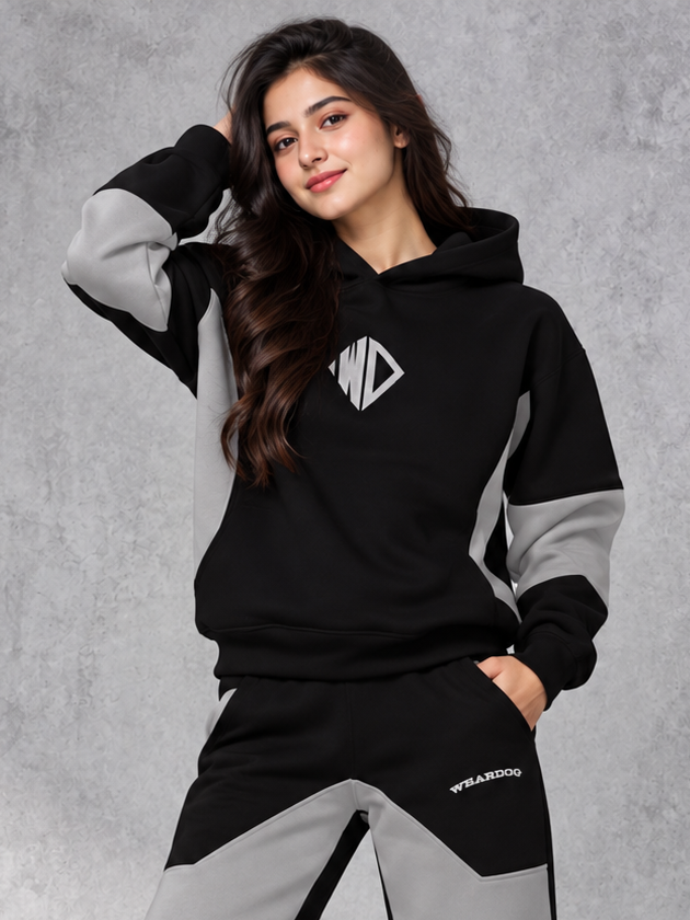 WOMEN WD GORBCORE HOODIE BLACK-GREY - stylish colorblock hoodie with logo, worn by model for casual comfort fashion