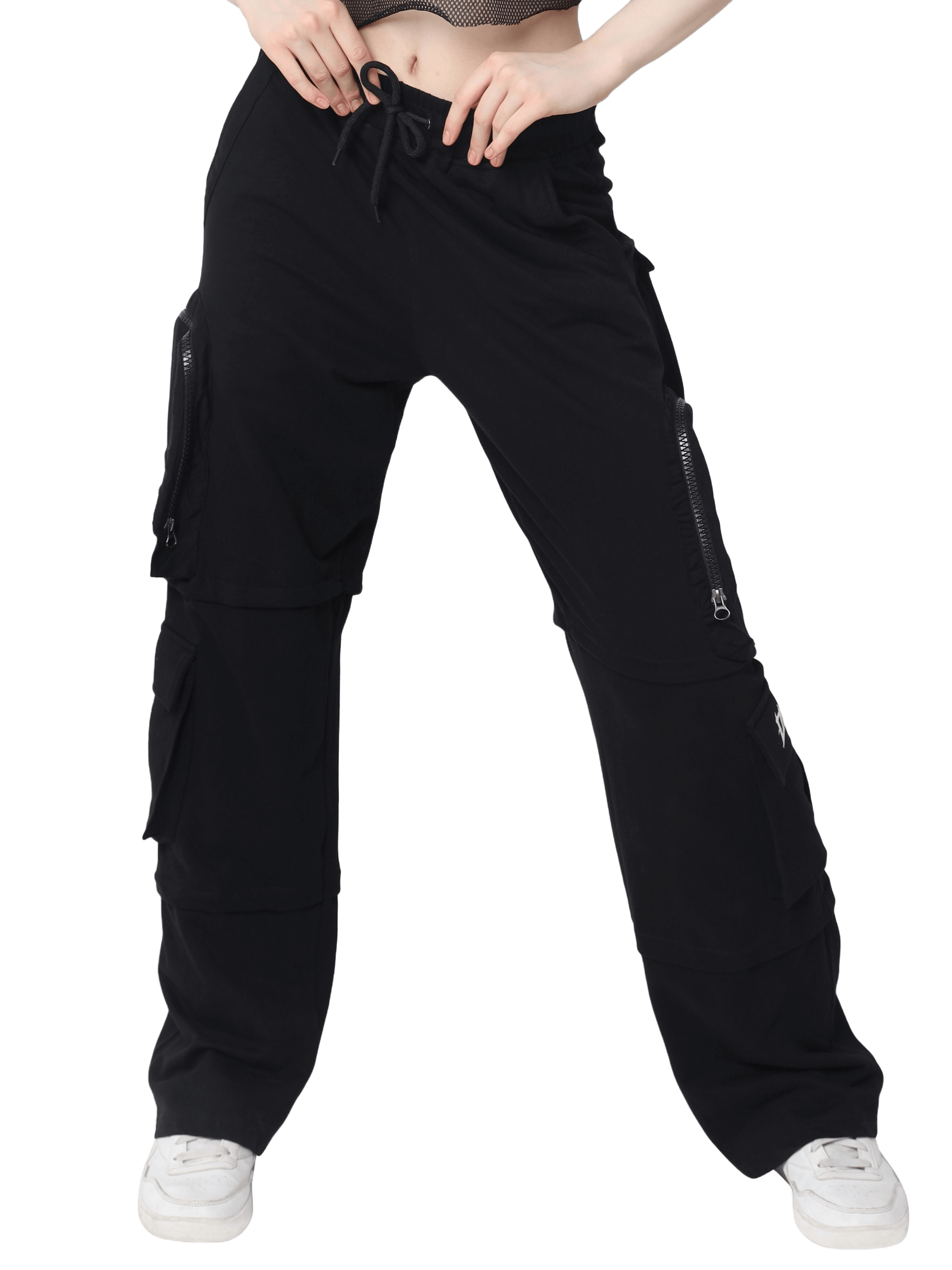 Women's black cargo pants with eight pockets and zipper patch, comfortable fit, shown with drawstring waist.