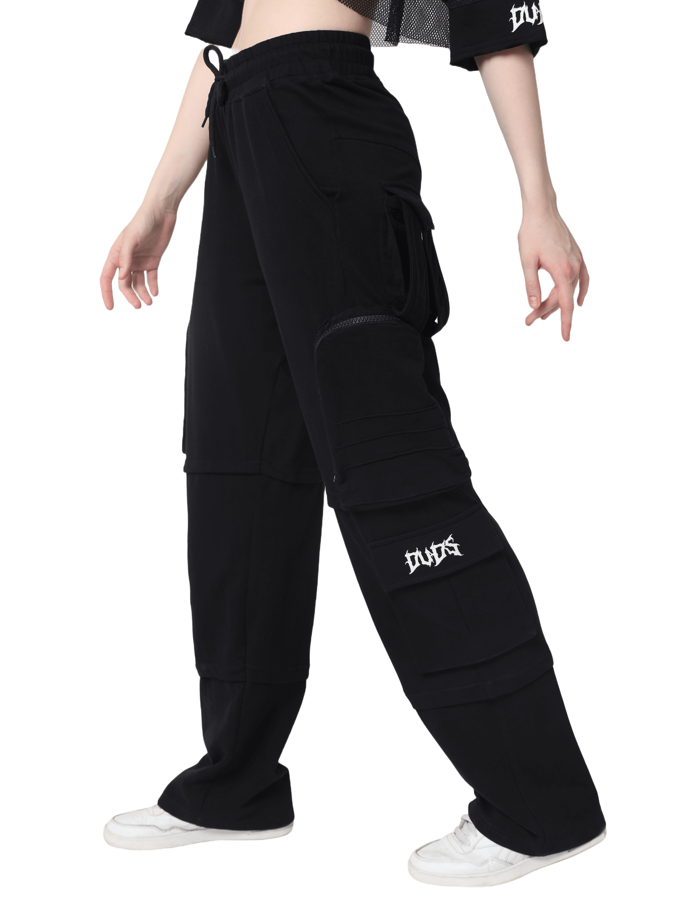 Black women's cargo pants with 8 pockets and zipper, made by DUDS, offering custom fit options and handcrafted by skilled tailors.