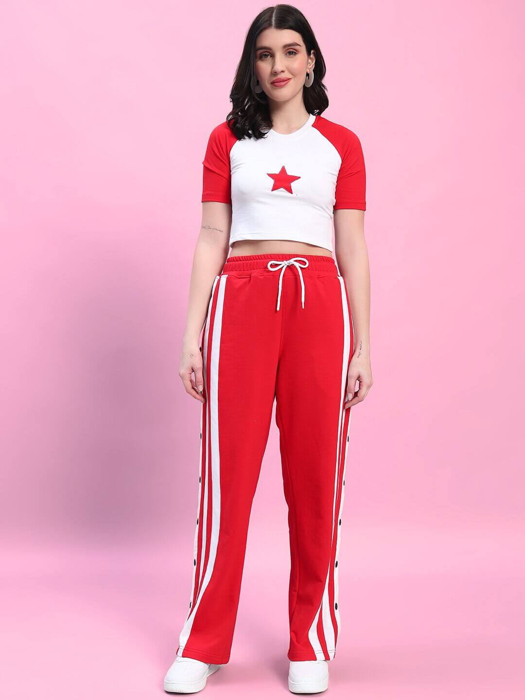 Women's Achorm Co-ord Set in red and white with star design, premium cotton, ideal for stylish comfort, made in India. Shop now.