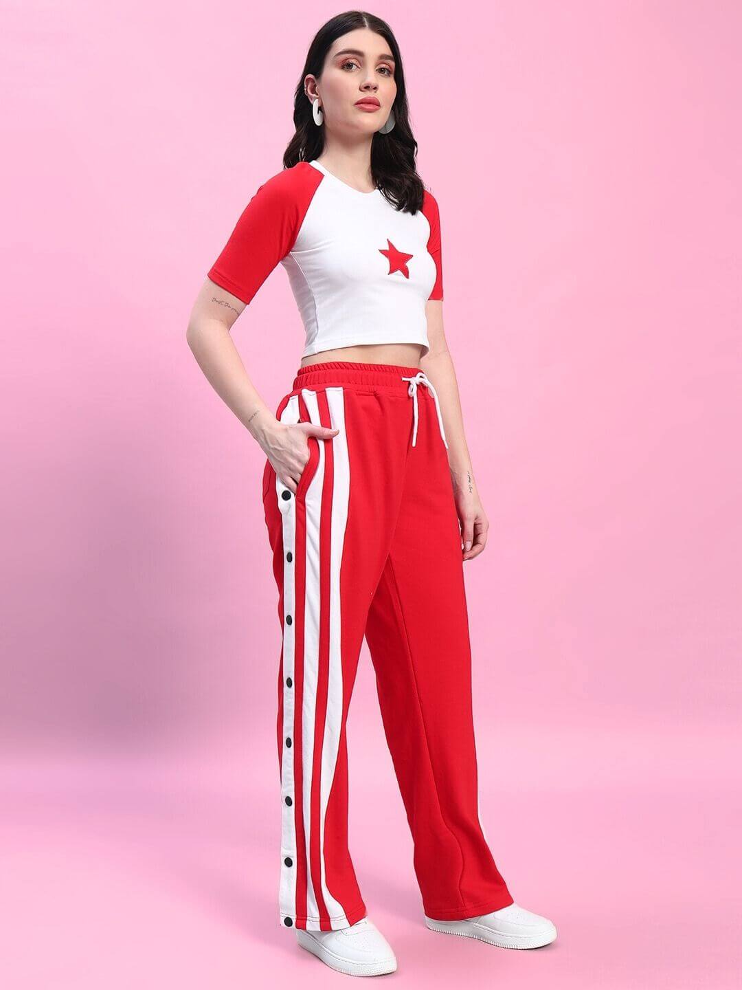 Women's red-white Achorm co-ord set with star design, made from premium cotton-elastane blend, perfect for stylish comfort.