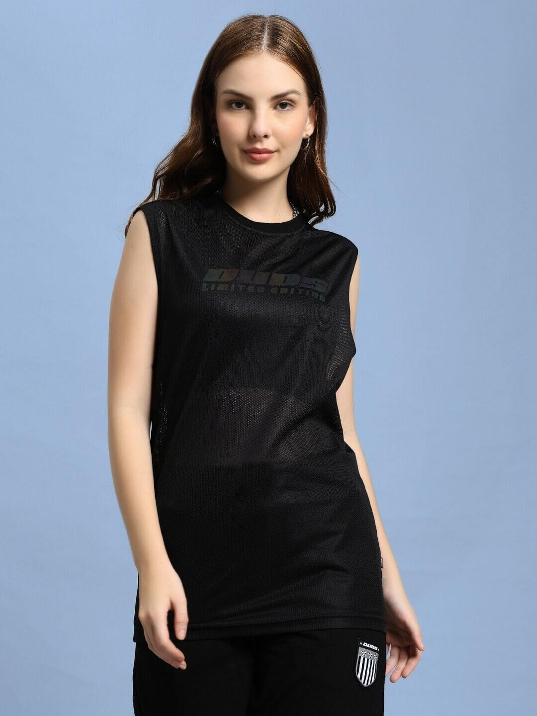 Model wearing WOMEN'S AIR-FLOW REGULAR FIT T-SHIRT BLACK, showcasing its breathable design and sleek fit ideal for active lifestyles.