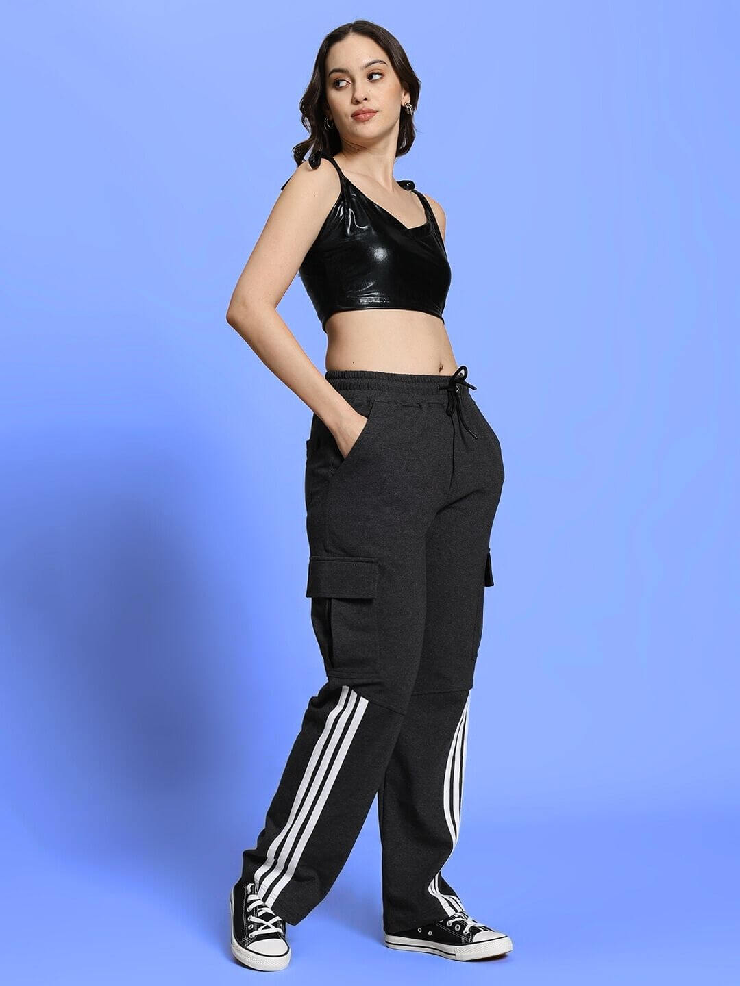 Women's Aleena Co-Ord Set in black, featuring a metallic top and cotton pants with striped details. Perfect for stylish comfort.