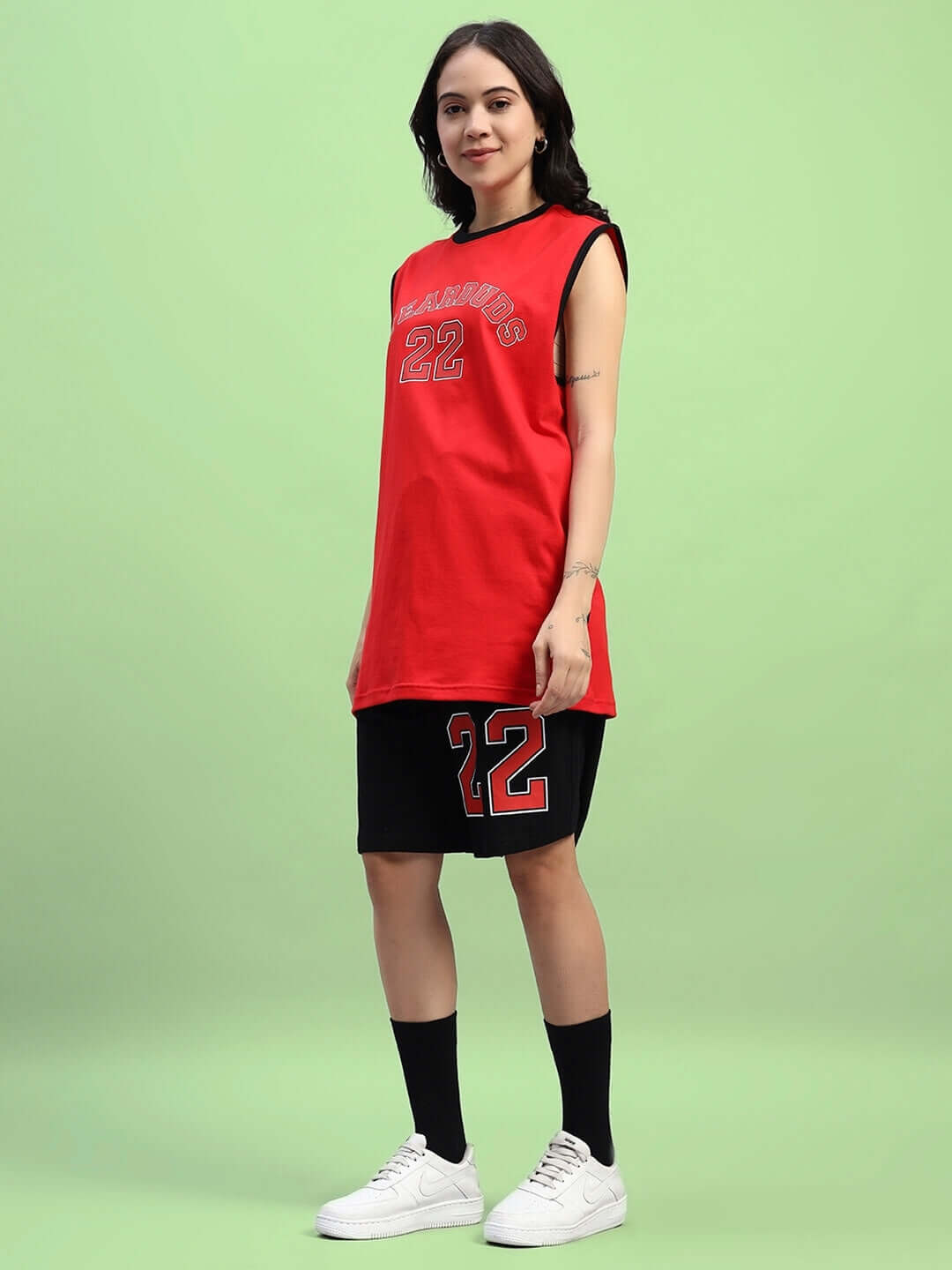 WOMEN'S AMIGA GYM CO-ORD SET RED-BLACK featuring a model wearing a red and black cotton outfit, designed for comfort and style.