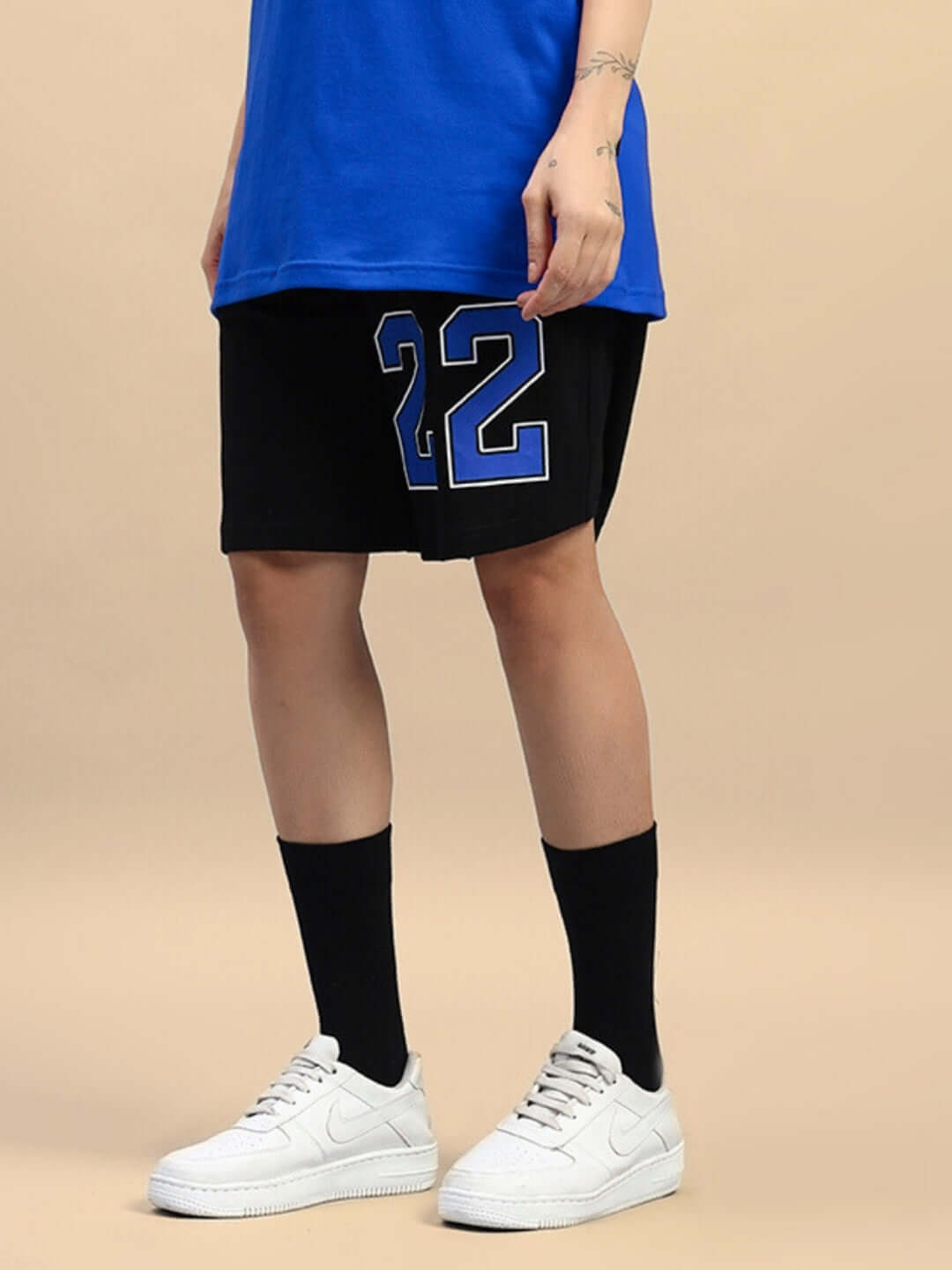 Women's Amiga Regular Fit Shorts in black-blue with number 22 detail, customizable size, available for prepaid orders.