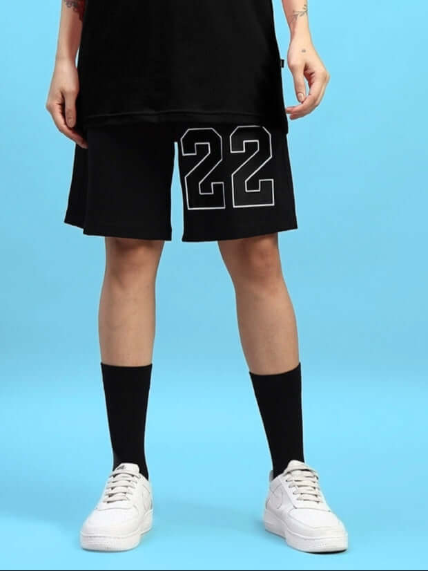 Women's Amiga Regular Fit Shorts in black with number 22 design, featuring a customizable fit option. Ideal for casual and athletic wear.
