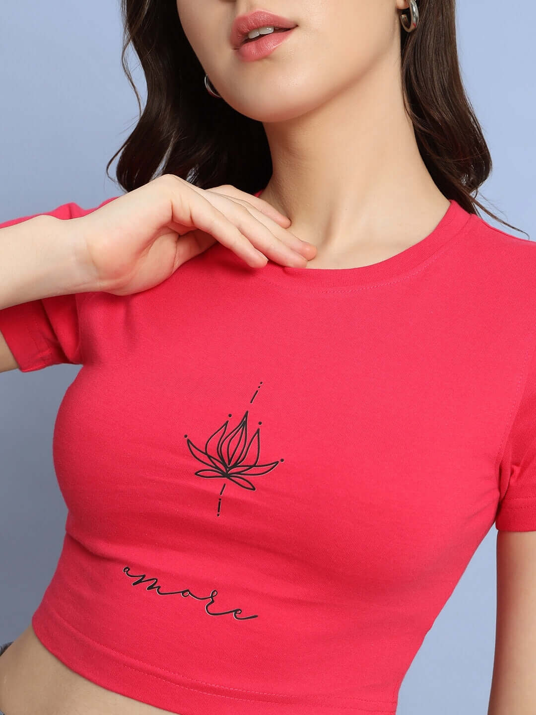 Woman wearing WOMEN AMORE WOMEN CROP-TOP PINK with lotus and 'amore' print