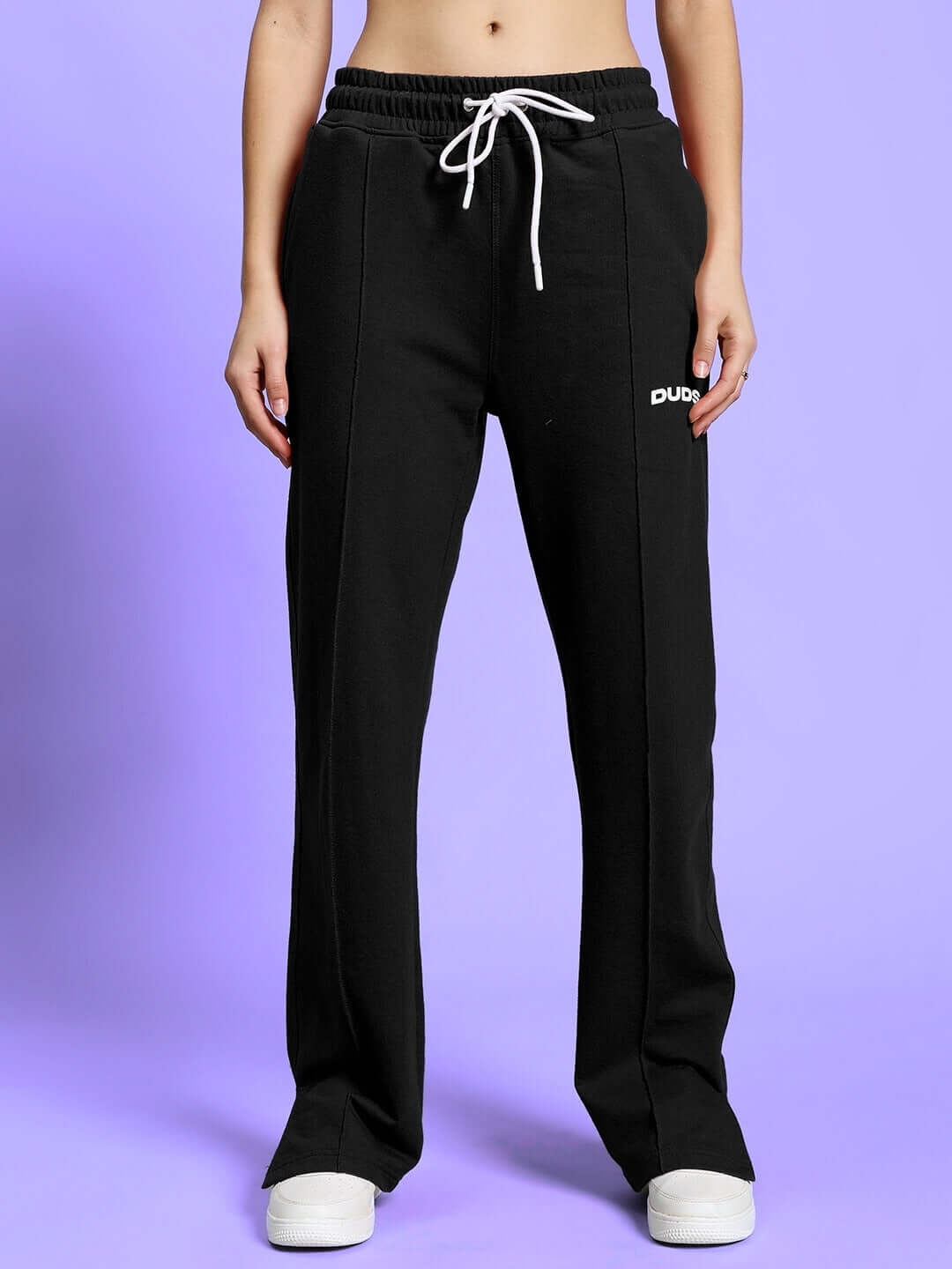 Women's Anissa Co-ord Set featuring black unisex joggers with white drawstring, elastic waistband, relaxed fit, and premium cotton fabric.