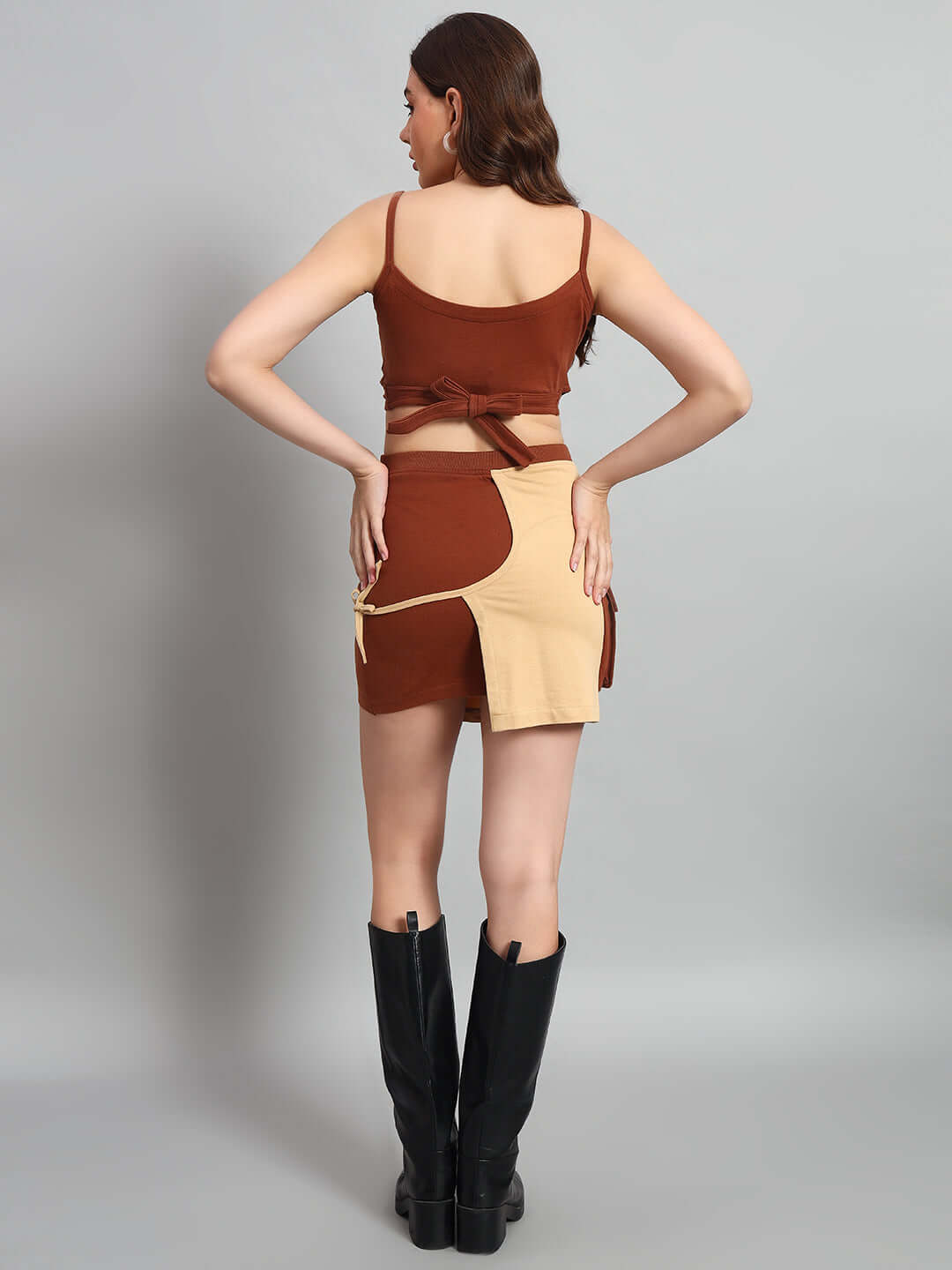 Back view of WOMEN APPLIC CO-ORD SET BEIGE BROWN showcasing chic design and neutral colors, perfect for modern fashion.
