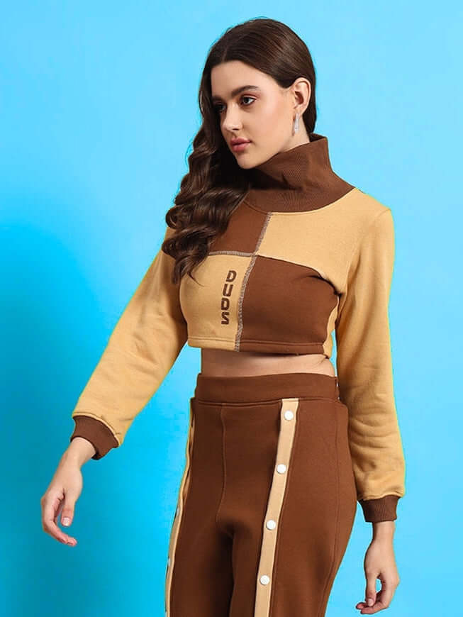 Women's Aurora Co-ord Set in Beige-Brown, featuring premium cotton French terry fabric with elastane, stylish and comfortable.