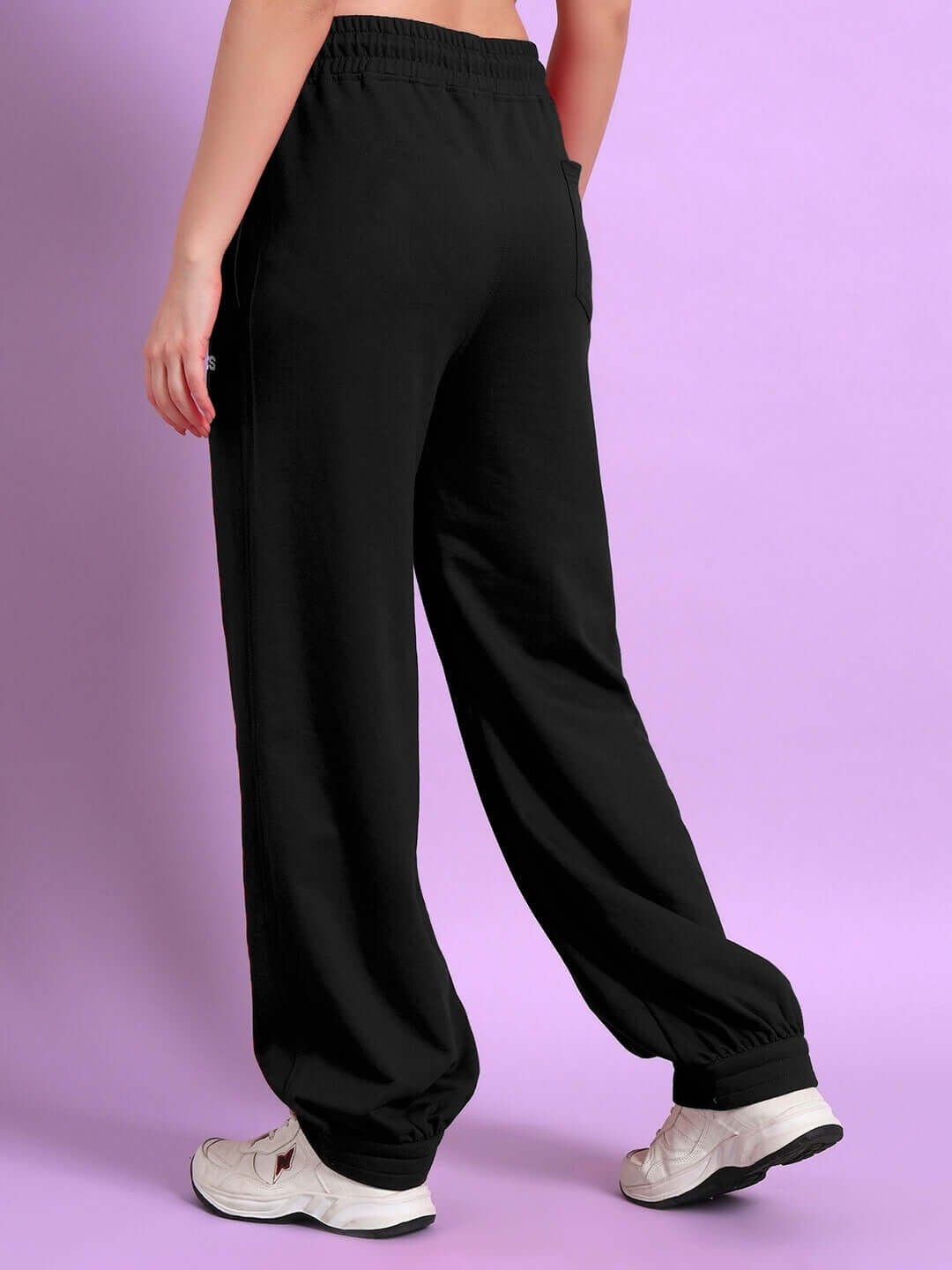 Back view of WOMENS AUSTRIAN RELAXED-FIT JOGGERS BLACK showcasing relaxed fit and premium fabric ideal for comfort and style.
