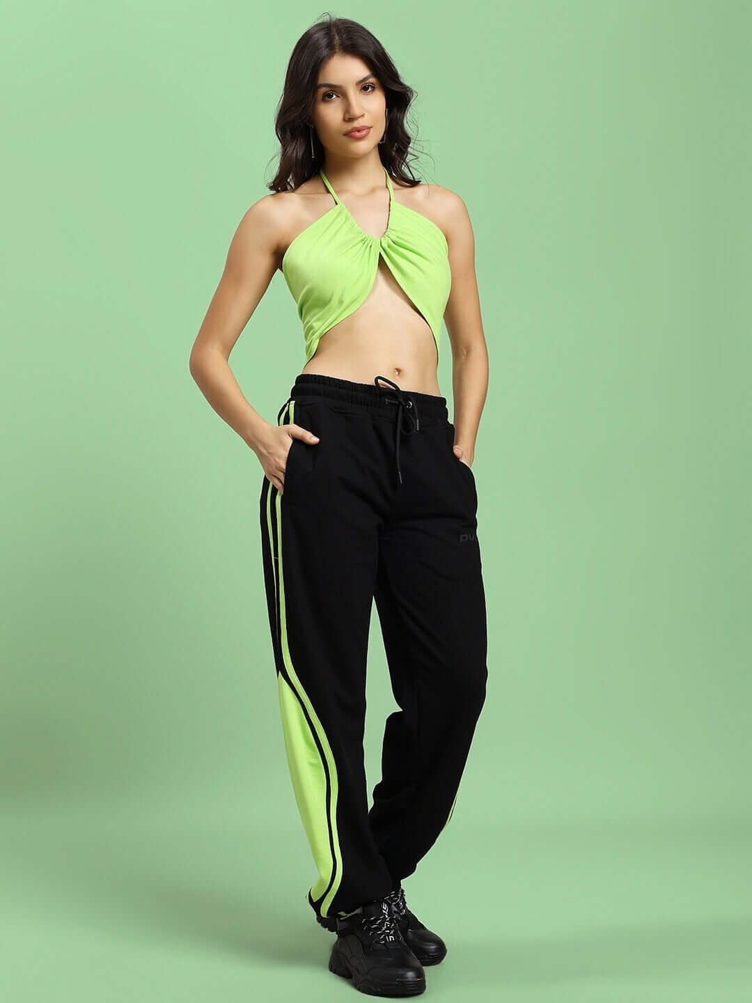 Women's Aziza Co-ord Set in Black Neon-Green with relaxed fit joggers, elastic waistband, made in India, premium cotton blend
