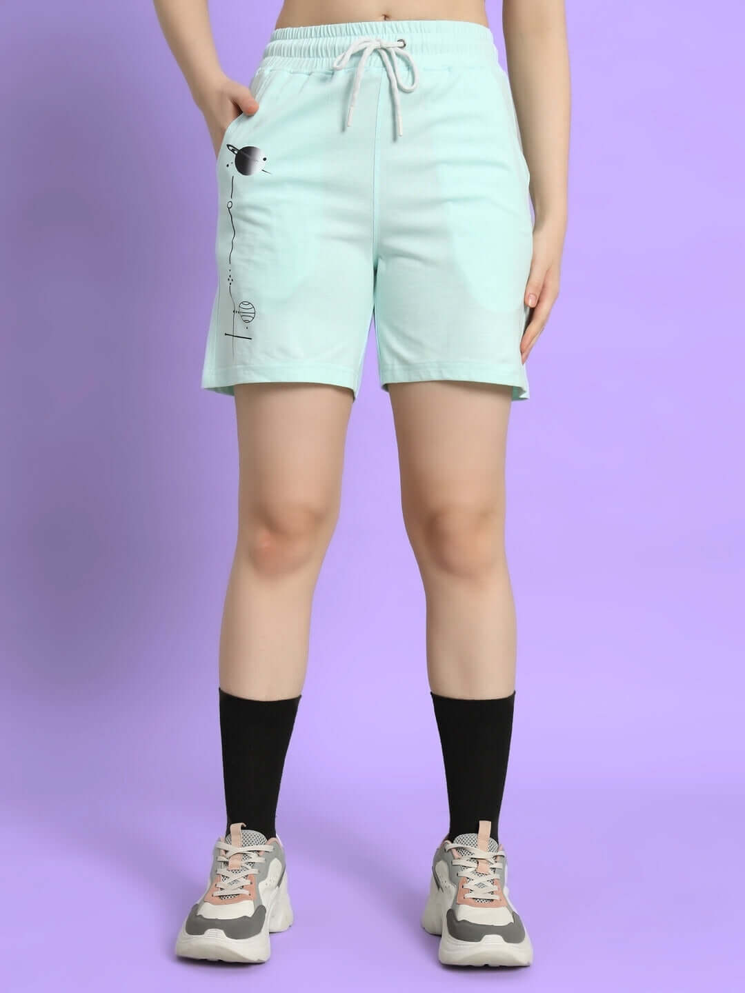 Sky blue women's printed co-ord set shorts, featuring premium cotton blend, elastic waist, and drawstring tie.