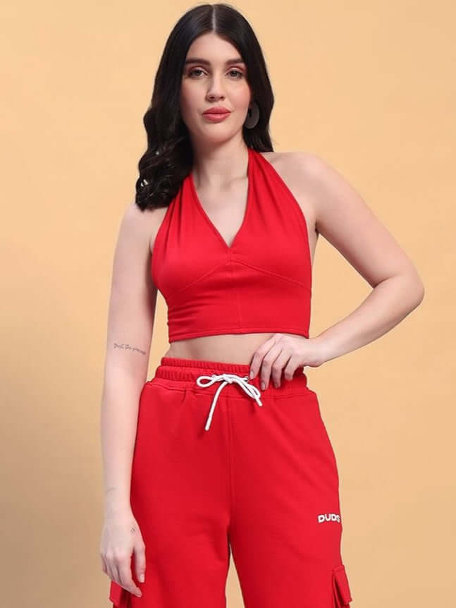 Model wearing women's red Belove crop-top with premium heavy gauge fabric, showcasing comfortable fit and style.