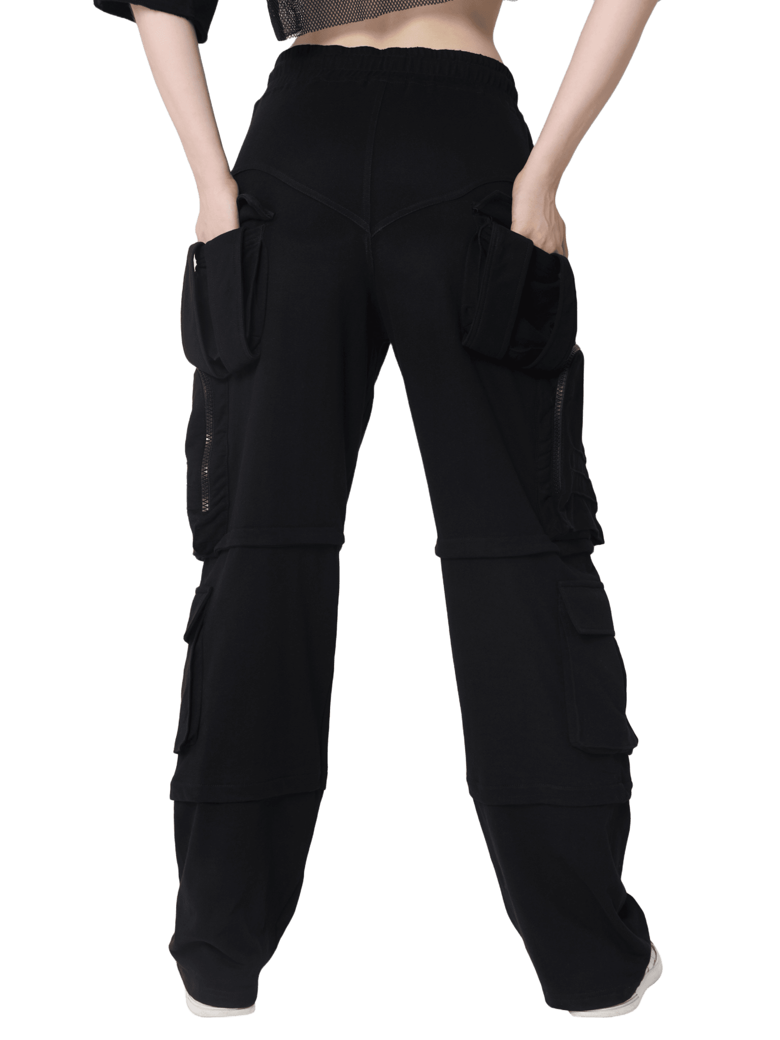 WOMEN 8 POCKET CARGO PANT ZIPPER POCKET BLACK, functional streetwear with sleek design and multiple pockets for versatility.