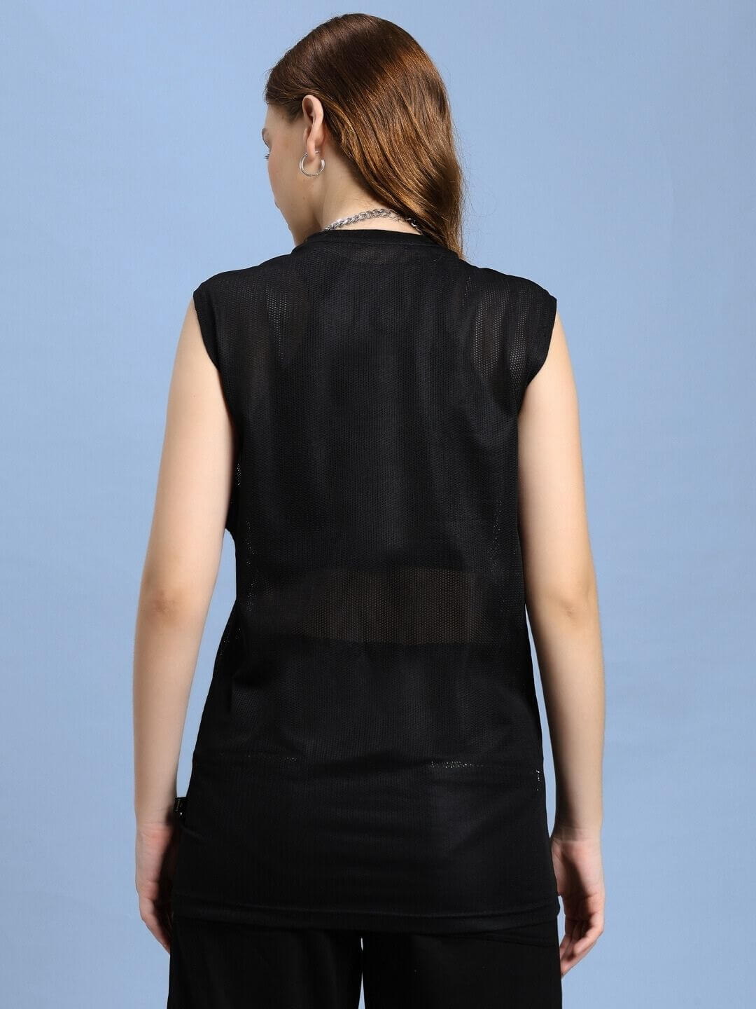 Back view of WOMEN AIR-FLOW REGULAR FIT T-SHIRT BLACK showcasing its ventilation and fit.
