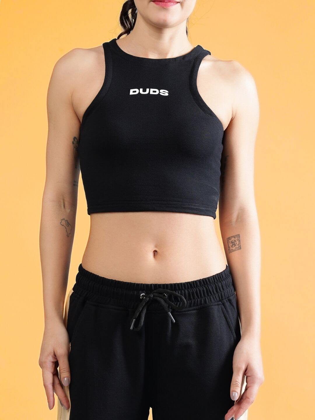 Alt Tag: WOMEN'S FITFINITY CO-ORD SET BLACK with unisex relaxed joggers and elastic waistband on a model