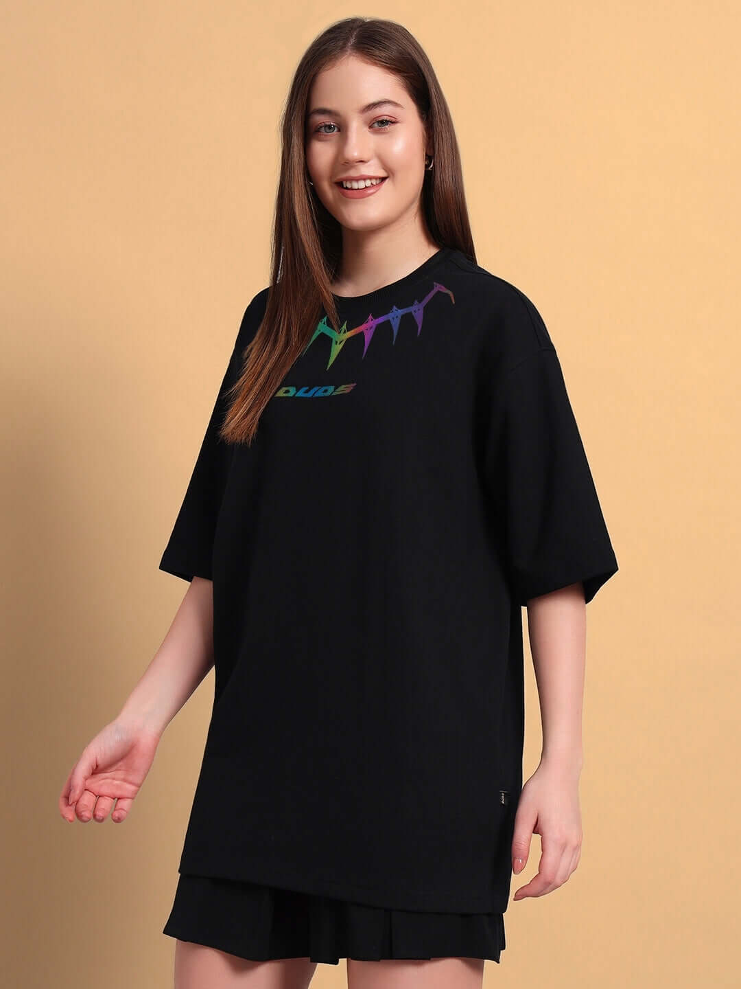 Model wearing Women's Black Panther Reflector Over-sized T-shirt made of premium cotton fabric with vibrant design. Ideal for casual wear.