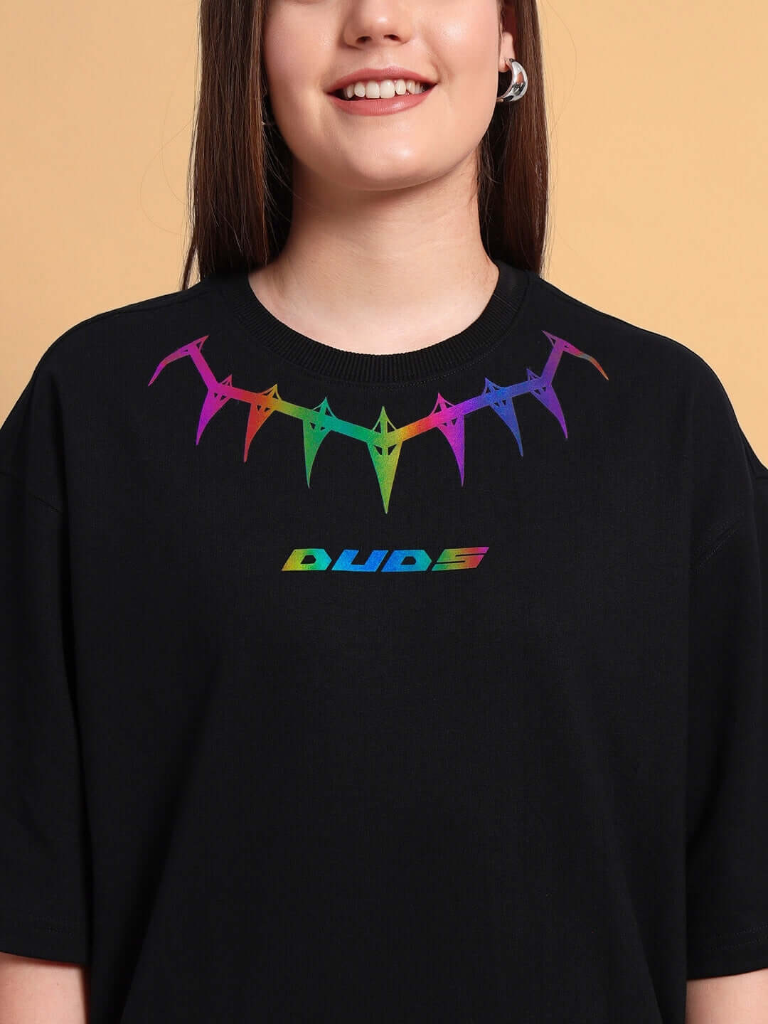 Women's Black Panther Reflector Oversized T-shirt with colorful graphic print, made from premium cotton blend, front view.