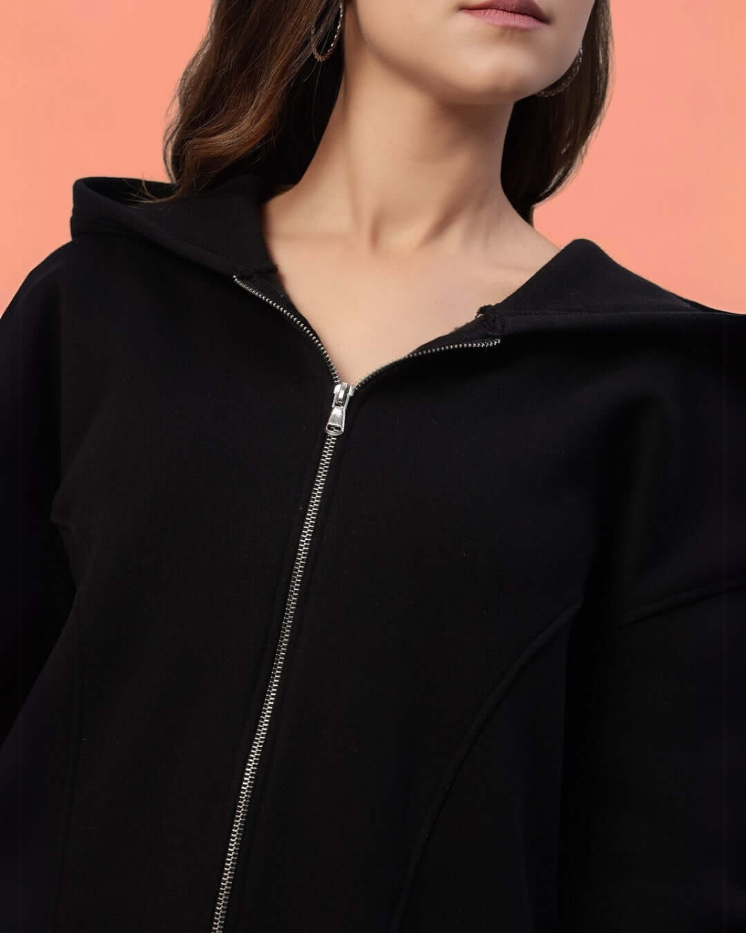WOMEN TWO FOLD ZIPPER HOODIE BLACK - WOMEN'S HOODIE