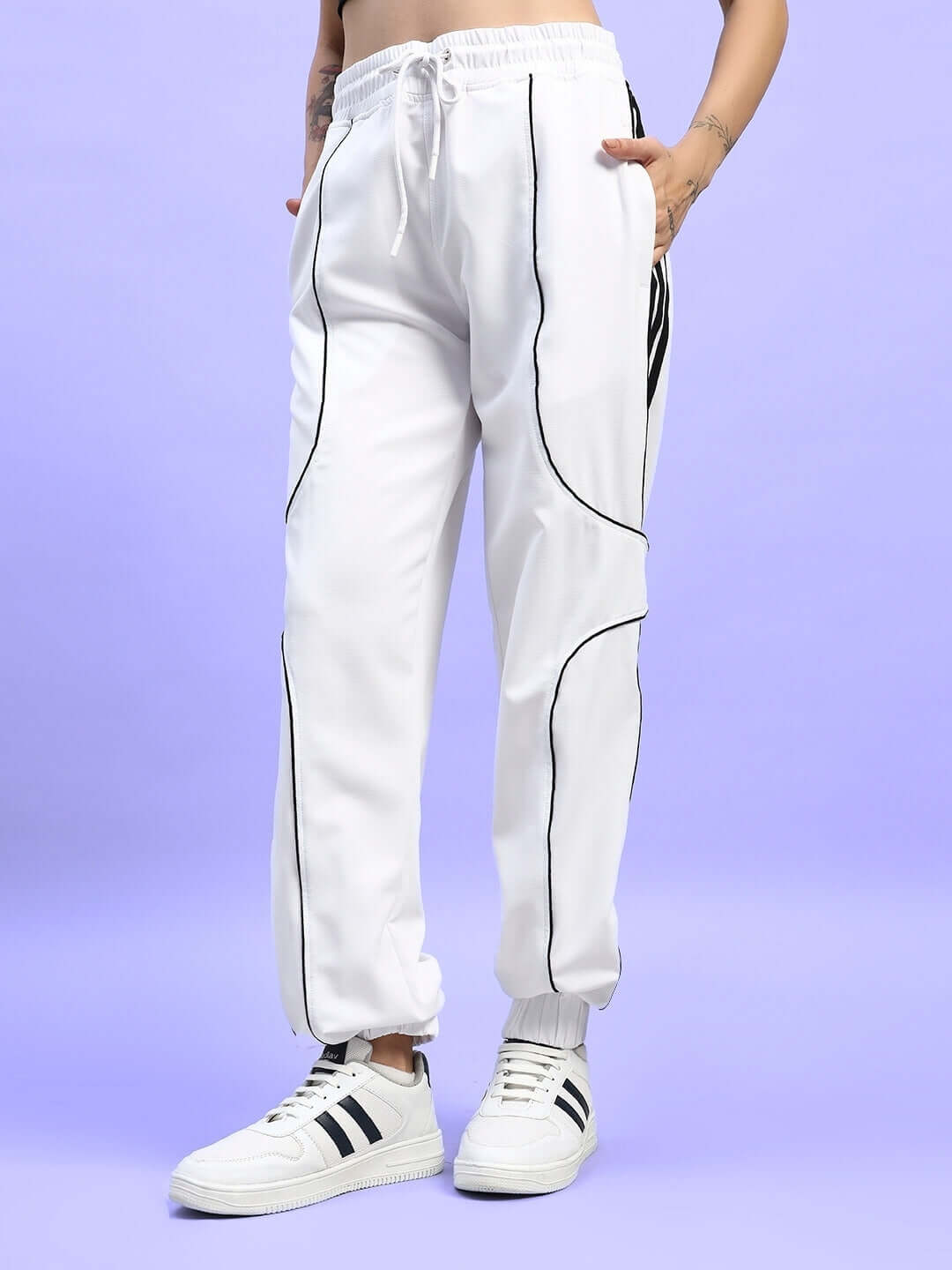 WOMEN'S BOLSON STRIPES RELAXED-FIT JOGGERS WHITE with black piping and drawstring waist for customizable fit, shown on model.