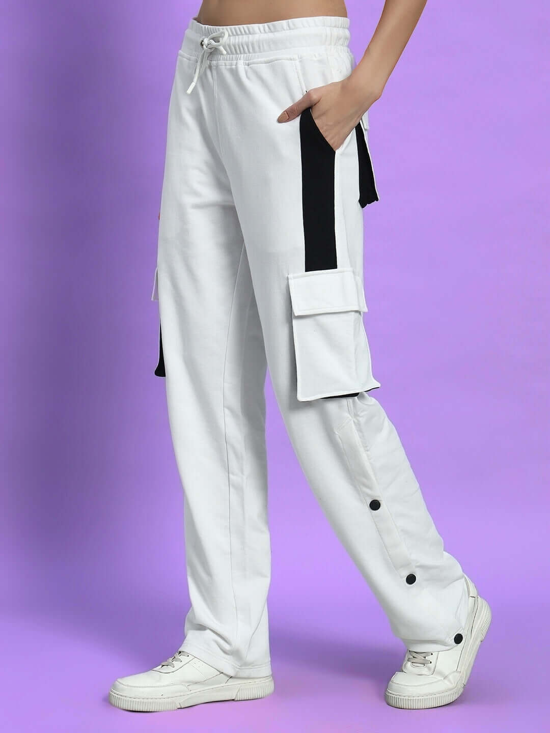 Women's Bracket Cargo Pant White Black Highlighter with neon accents, contemporary fit, and multiple cargo pockets.