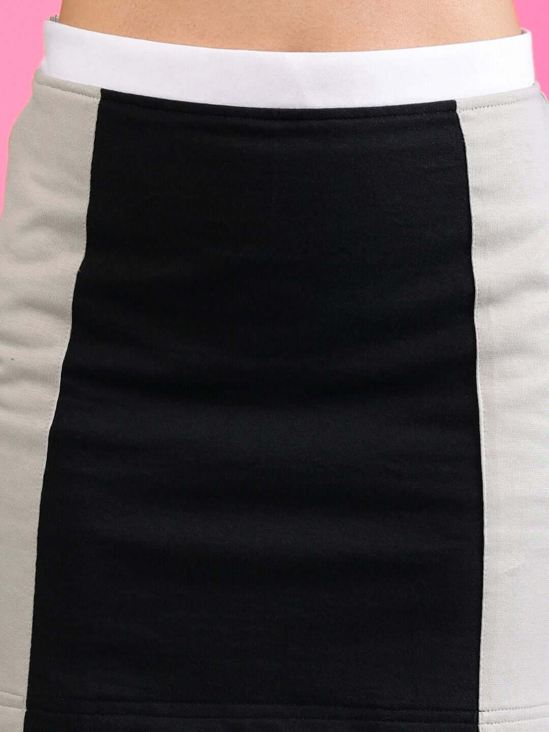 Women's Brianna black grey colorblock skirt with custom fit option, handmade with dedication, shown with close-up detail.