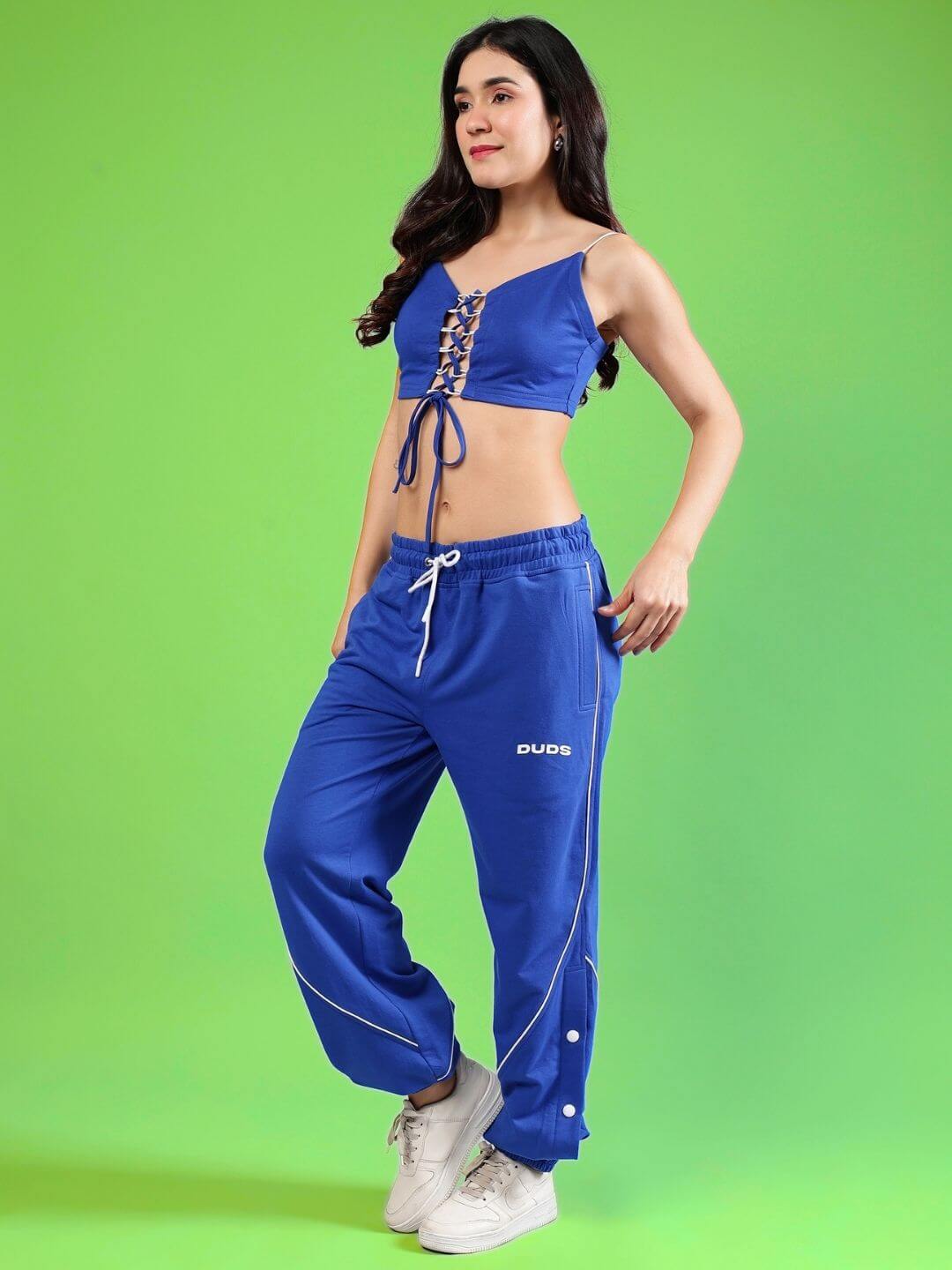 Women's Brosfine royal blue co-ord set with lace-up top and jogger pants, made from premium cotton blend, perfect for stylish comfort.