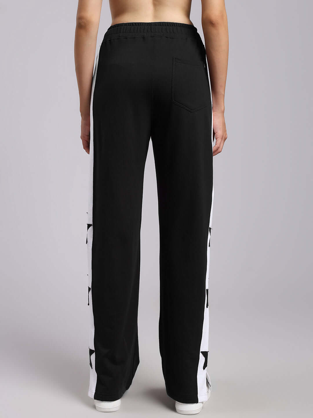 Back view of WOMENS BROX STAR RELAXED FIT JOGGERS BLACK-WHITE, showcasing a stylish and comfortable fit ideal for casual wear.