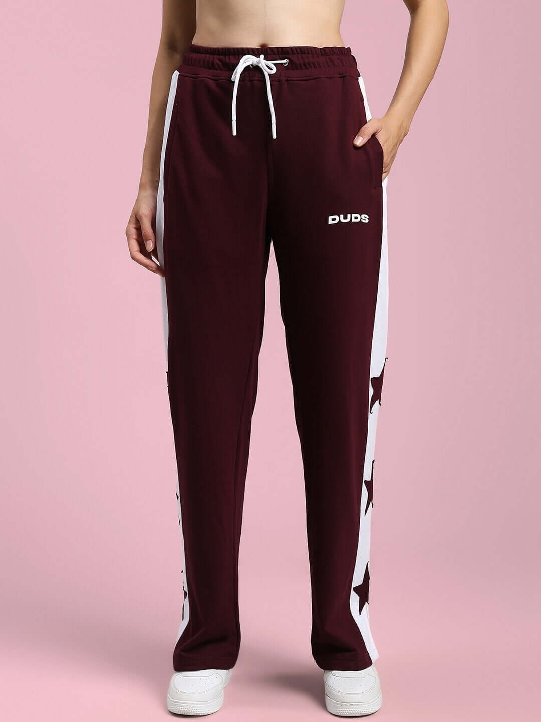 Maroon-white women's Brox Star relaxed fit joggers by DUDS featuring a stylish star design perfect for casual comfort.