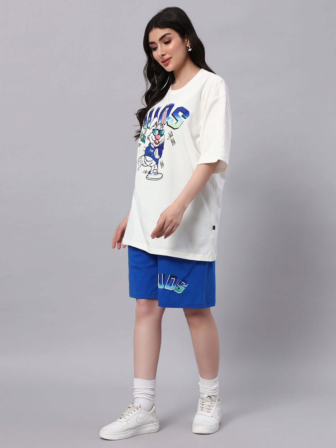Women's off-white and blue Bugs Bunny co-ord set, featuring a T-shirt and shorts made from premium cotton French terry.
