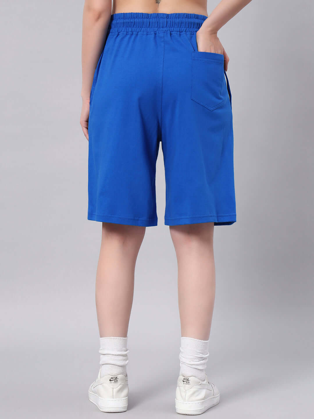 Back view of WOMENS BUNNY BUGS SUMMER SHORTS BLUE, showcasing the vibrant color and comfortable fit for casual summer wear.