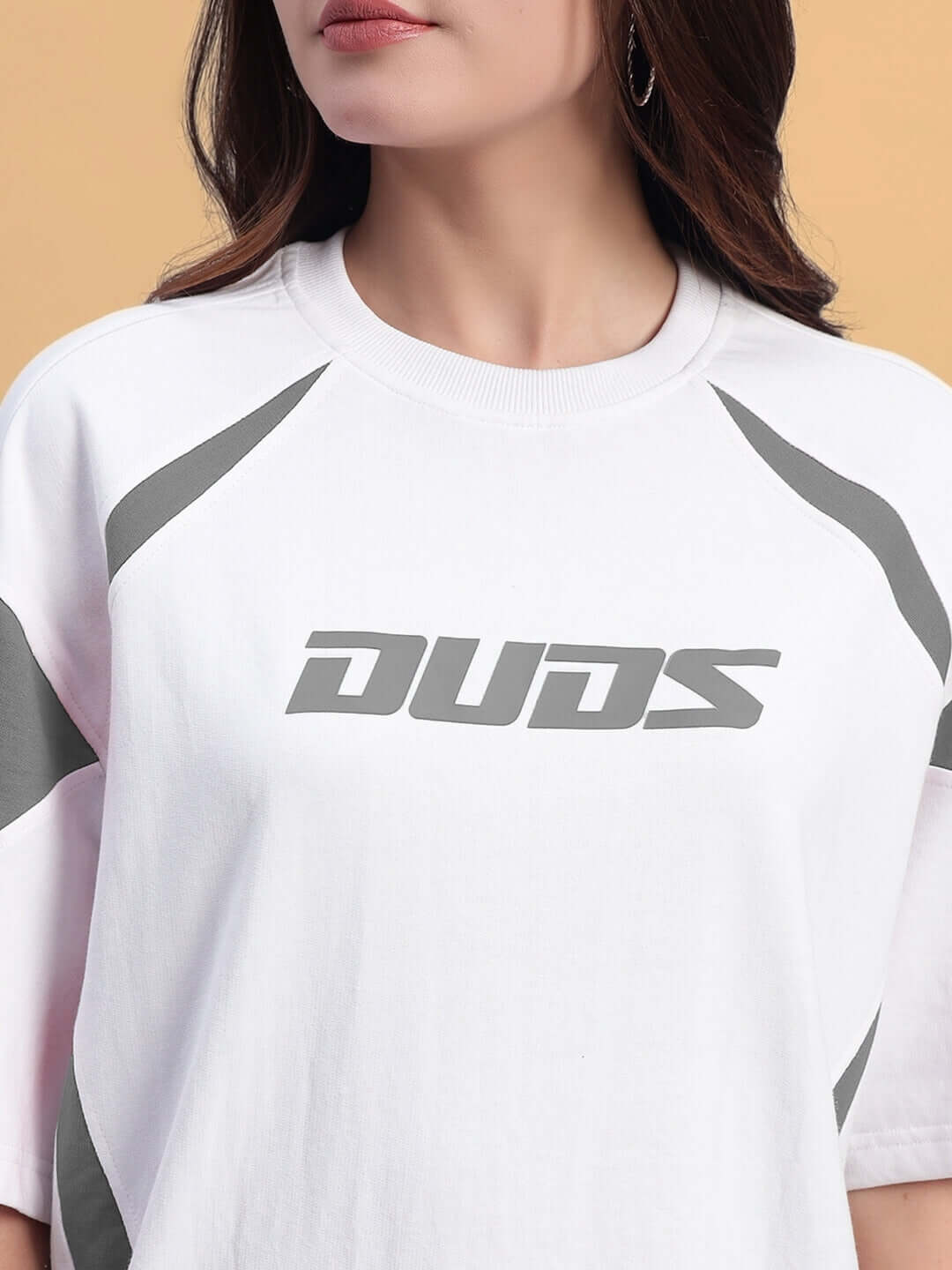 Women's oversized T-shirt, white and grey, featuring premium cotton fabric and bold design, by Color By Colours.