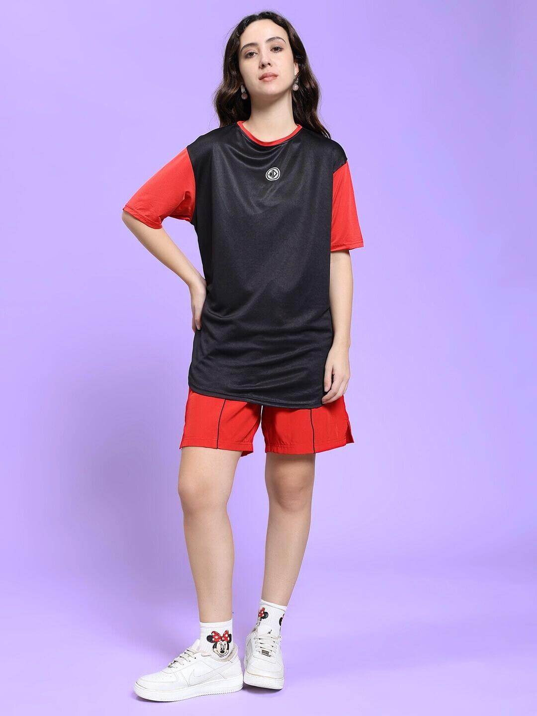 WOMEN CHAMPION ZONE REGULAR FIT CO-ORD SET BLACK RED on woman in sporty pose, highlighting bold design and color contrast.